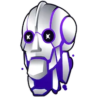 Stilisierter Roboterkopf in Weiß und Violett mit leuchtenden Augen als futuristische Vektorillustration auf transparentem Hintergrund.