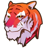 Stilisierter Tigerkopf in Orange, Weiß und Rot als moderne Vektorillustration auf transparentem Hintergrund.