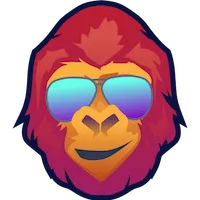Stilisiertes Gorillagesicht mit verspiegelter Sonnenbrille in Rot-, Orange- und Violetttönen als moderne Vektorillustration auf transparentem Hintergrund.