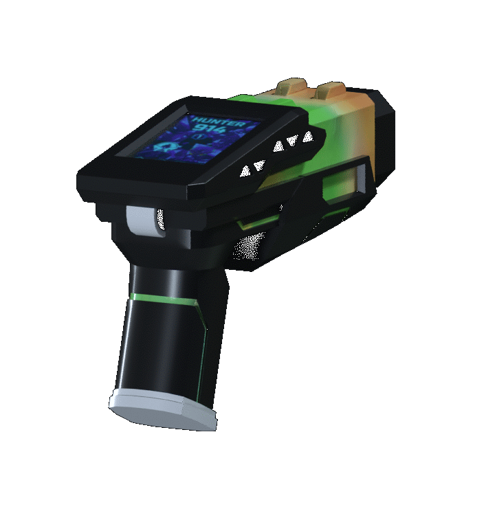 Schwarz-grüner Lasertag-Markierer mit Pistolengriff, integriertem Farbdisplay und seitlichen Bedientasten.