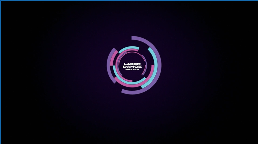 Modernes Logo von Laser Dance Prater mit futuristischem Design in Violett, Blau und Pink.