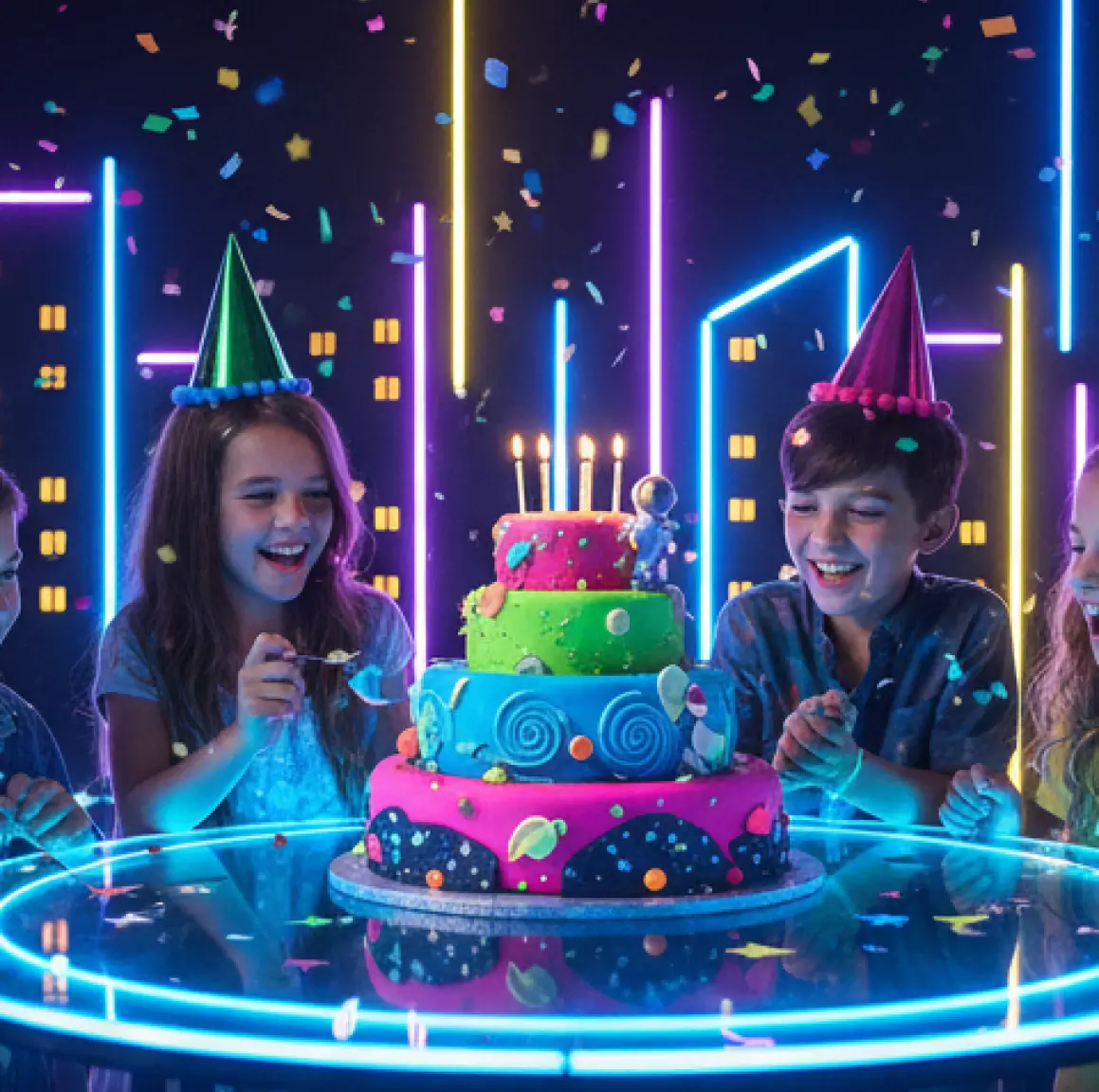 Kindergeburtstag mit bunter Torte und Neonlichtern im Pixel Games-Bereich von laserdance.at im Prater Wien
