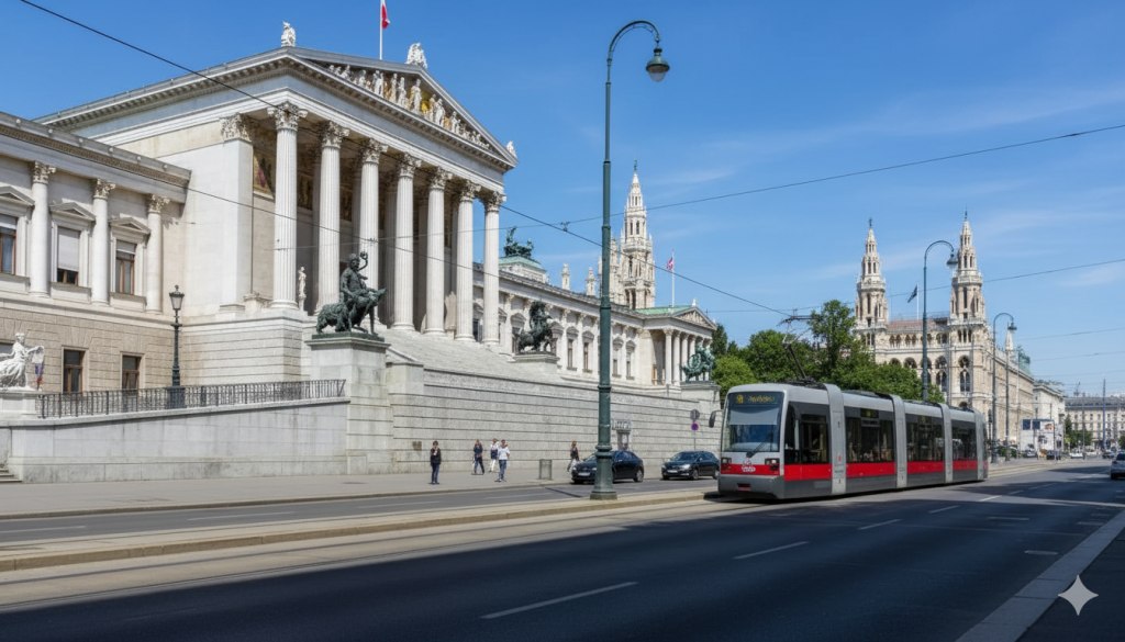 Straßenbahn fährt vor dem österreichischen Parlament in Wien; im Hintergrund sind die Türme des Rathauses zu sehen.