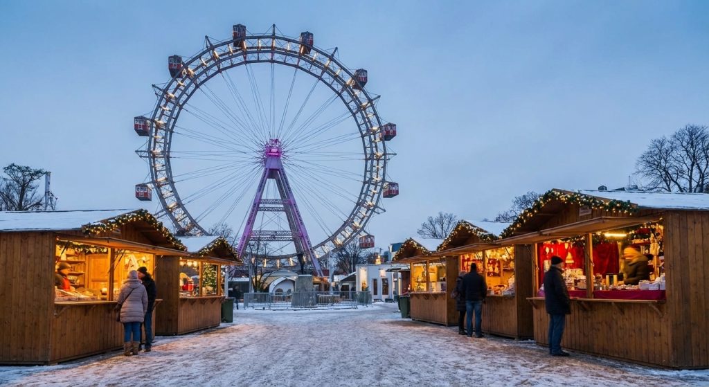 Verschneiter Weihnachtsmarkt mit beleuchteten Holzhütten und großem Riesenrad im Hintergrund.