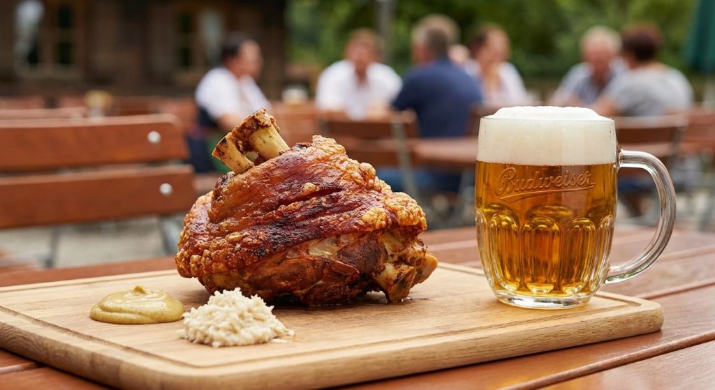 Knusprige Schweinshaxe mit Senf und Meerrettich auf einem Holzbrett, daneben ein Krug helles Bier im Biergarten.