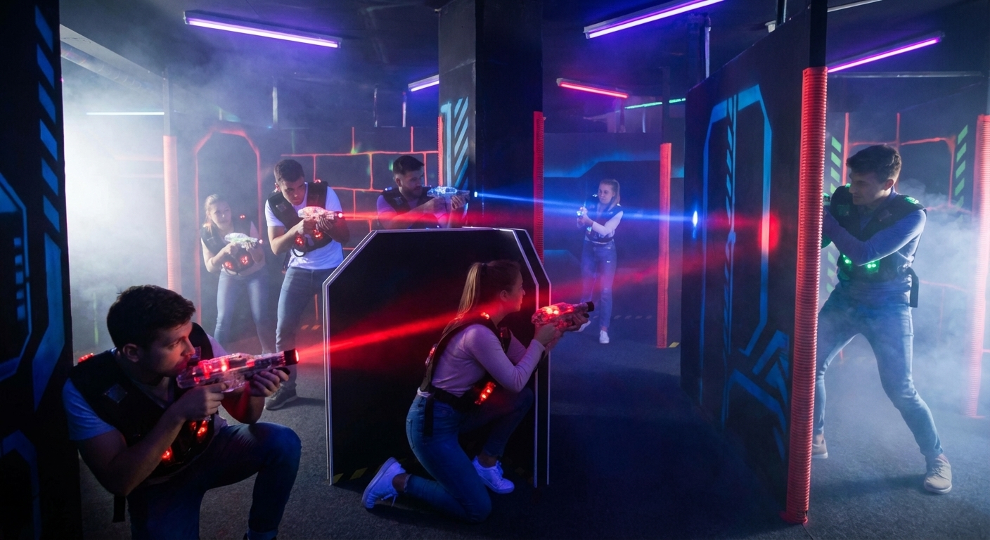 Gruppe beim Lasertag in einer neonbeleuchteten Indoor-Arena, Spieler mit Laser-Markierern hinter Hindernissen im Wettkampf.