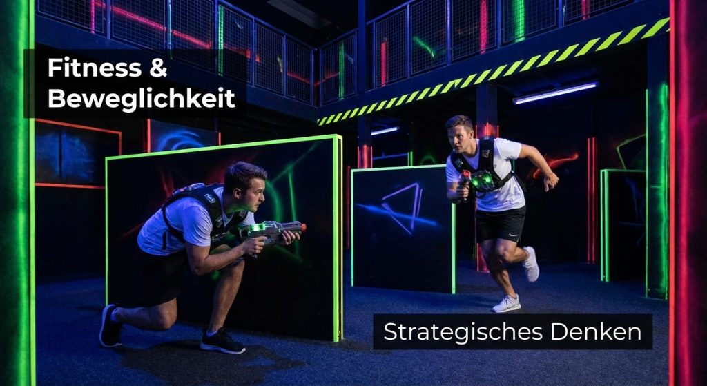 Zwei Männer spielen Lasertag zwischen neonbeleuchteten Deckungen; eingeblendet sind „Fitness & Beweglichkeit“ und „Strategisches Denken“.