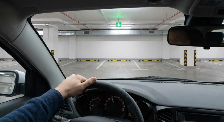 Blick aus einem Auto auf freie Parkplätze in einer modernen Tiefgarage mit Lenkrad im Vordergrund