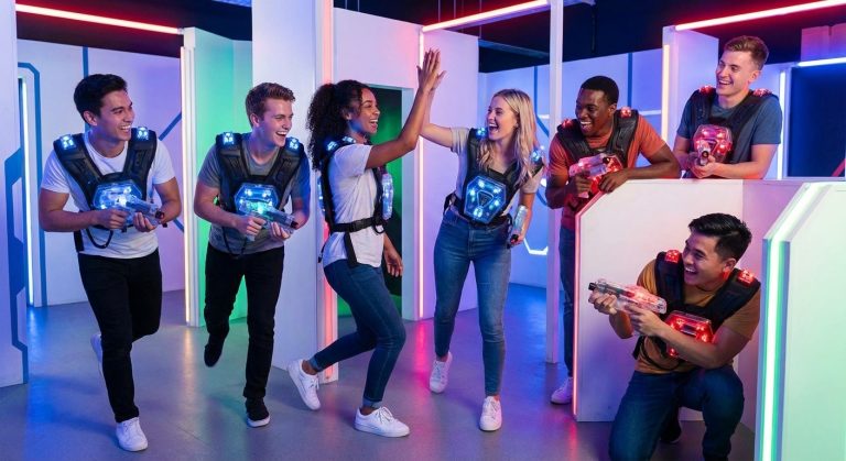Gruppe junger Menschen mit leuchtenden Lasertag-Westen feiert mit High Five in einer neonbeleuchteten Arena