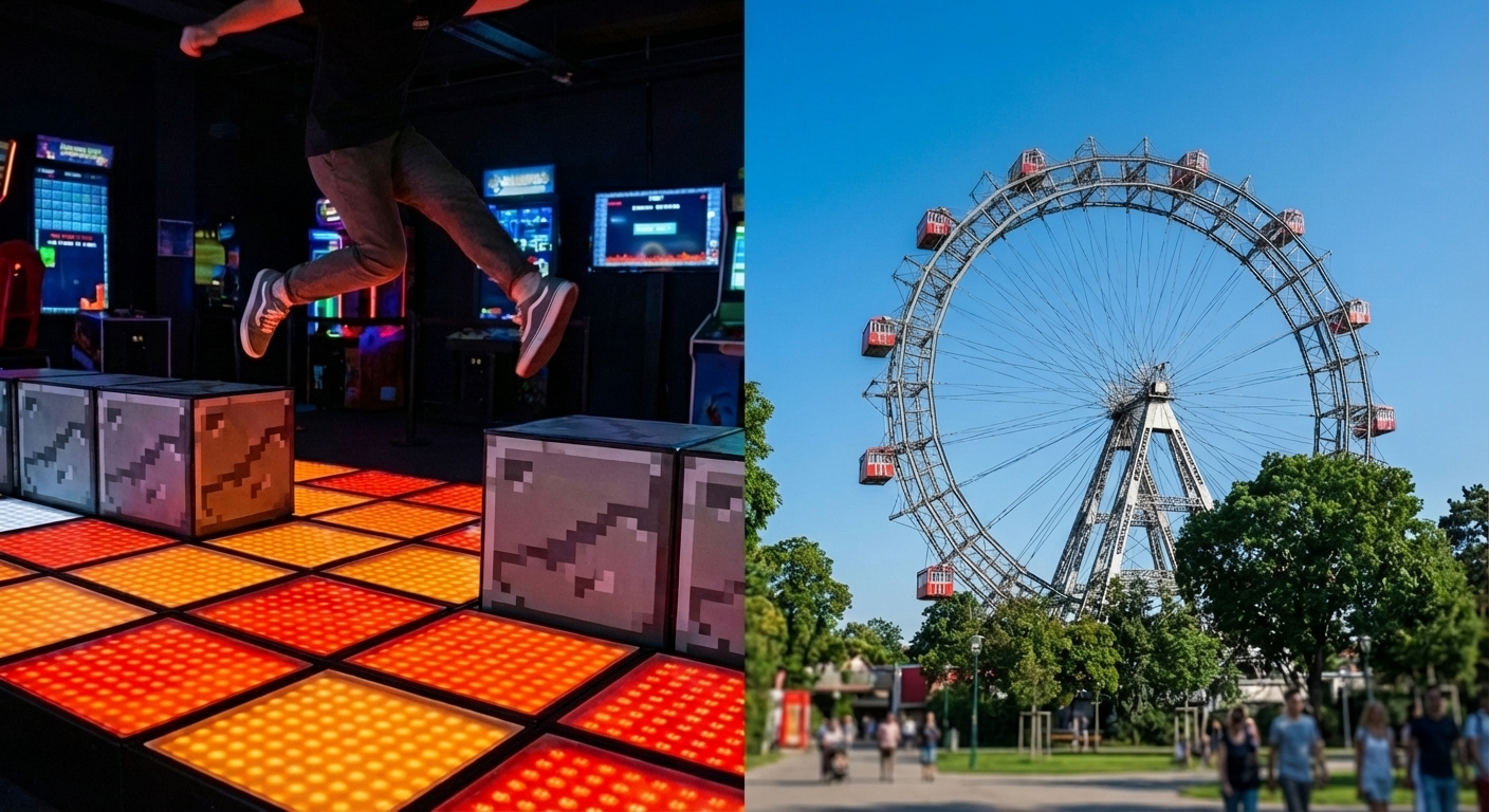 Splitbild mit interaktivem LED-Spielboden in Arcade-Halle und großem Riesenrad im Freizeitpark unter blauem Himmel