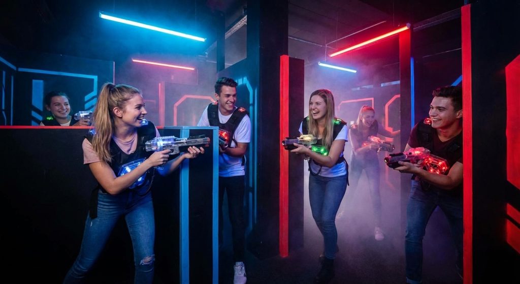 Gruppe junger Erwachsener spielt Lasertag mit leuchtenden Westen und Markierern in einer rot-blau beleuchteten Arena.