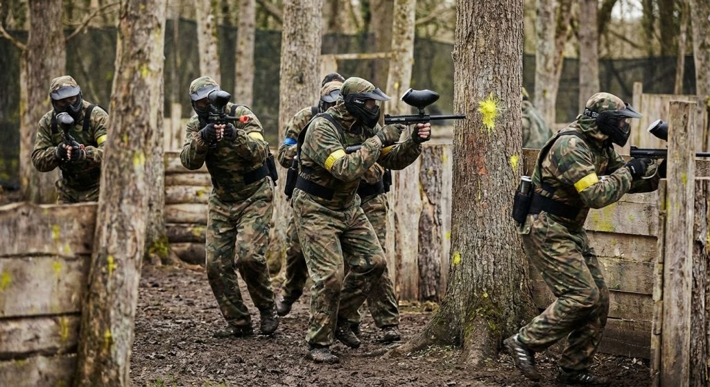 Mehrere Paintball-Spieler in Tarnkleidung bewegen sich mit Markierern durch ein bewaldetes Spielfeld mit Holzbarrieren.