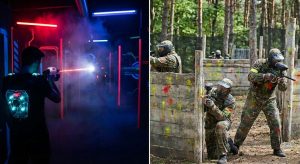 Splitbild mit Lasertag-Spieler in neonbeleuchteter Arena und Paintball-Team im Waldparcours hinter Barrikaden