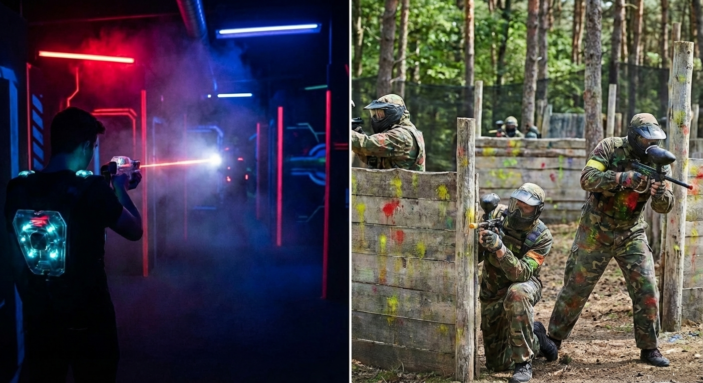 Splitbild mit Lasertag-Spieler in neonbeleuchteter Arena und Paintball-Team im Waldparcours hinter Barrikaden