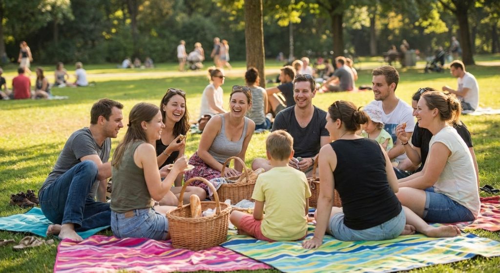 Gruppe von Erwachsenen und Kindern sitzt lachend auf bunten Picknickdecken in einem sonnigen Park.