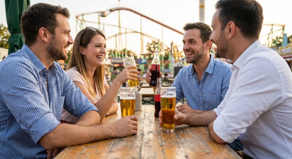Vier Erwachsene sitzen lachend an einem Holztisch mit Bier und Softdrinks; im Hintergrund ist eine Achterbahn zu sehen.