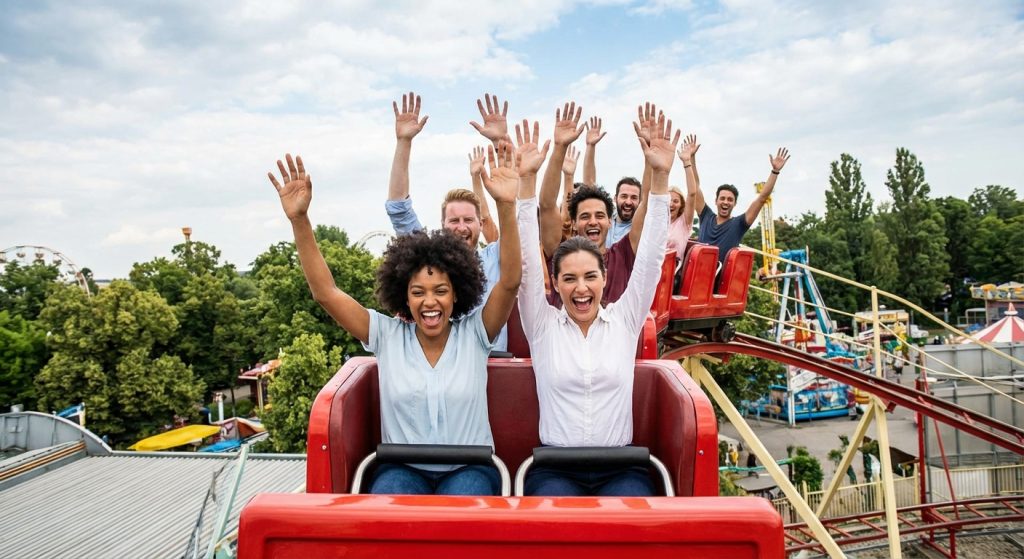 Gruppe junger Erwachsener fährt mit erhobenen Armen in einer roten Achterbahn durch einen Freizeitpark.