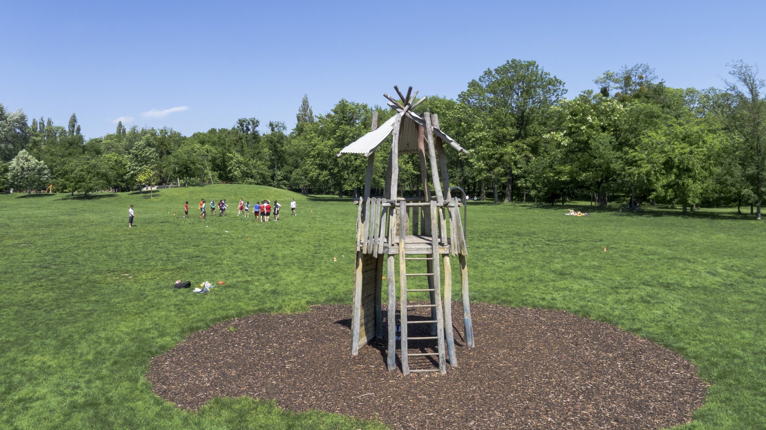 Holz-Spielturm mit Leiter auf einer großen Wiese in einem sonnigen Park mit Bäumen im Hintergrund