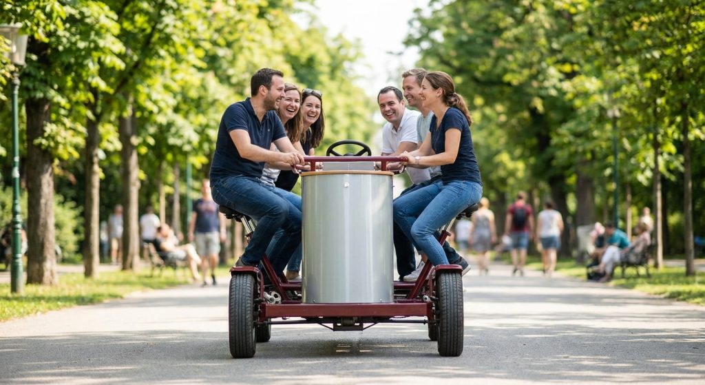 Sechs Erwachsene fahren lachend auf einem mehrsitzigen Tretfahrzeug durch eine grüne Parkallee.
