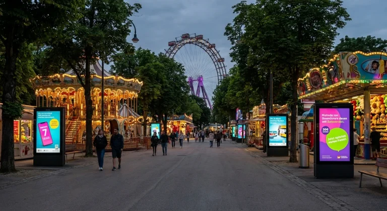 Breite Allee in einem Freizeitpark mit beleuchteten Fahrgeschäften, Besucherinnen und Besuchern sowie großem Riesenrad.