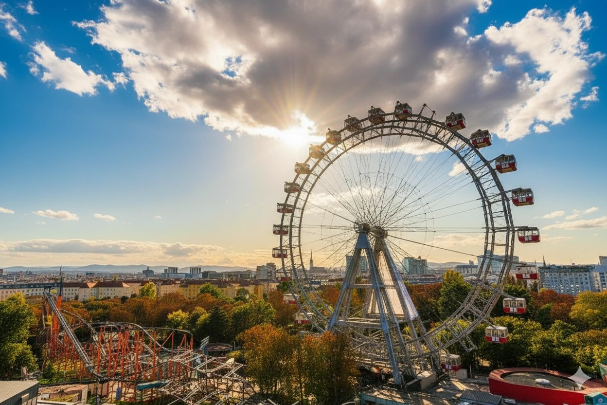 Das Riesenrad im Wiener Prater bei Sonnenuntergang mit Blick auf die umliegenden Attraktionen und Stadtlandschaft.