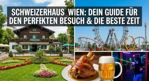 Collage zum Schweizerhaus im Wiener Prater mit Restaurantgebäude, Wiener Riesenrad, Schweinshaxe, Bier und Laser-Tag-Aktivität.
