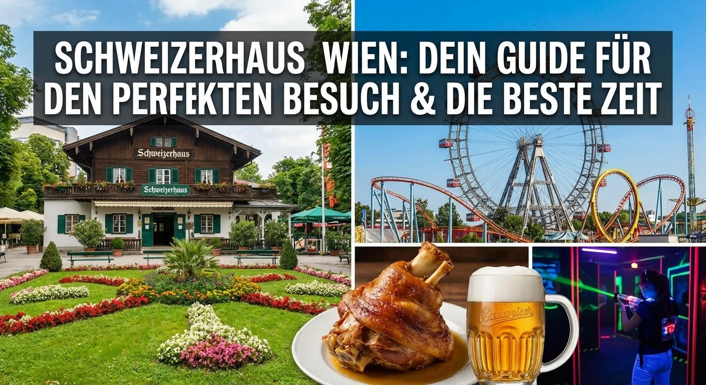 Collage zum Schweizerhaus im Wiener Prater mit Restaurantgebäude, Wiener Riesenrad, Schweinshaxe, Bier und Laser-Tag-Aktivität.